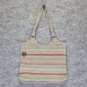The Sak Crochet Shoulder Bag Tote Tan Multicolor Stripe Zip Top Purse Womens